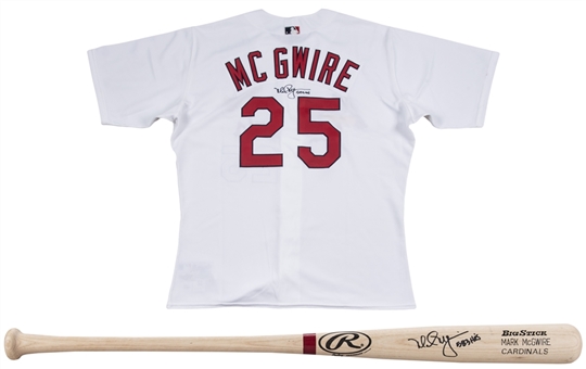Lot of (2) Mark McGwire Signed & "583 HRs" Inscribed St. Louis Cardinals Home Jersey & Rawlings MAC25 Model Bat (JSA)